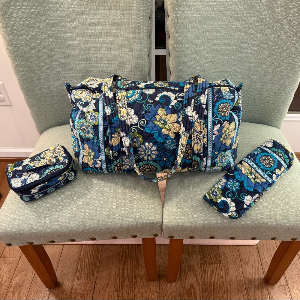 Vintage Vera Bradley in Mod Floral Blue - Sm Duffle, Jewelry Case + Iron Pouch